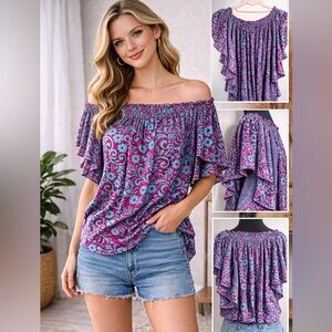 Karma Highway Boho Off-Shoulder Top flutter Sleeve Tunic
